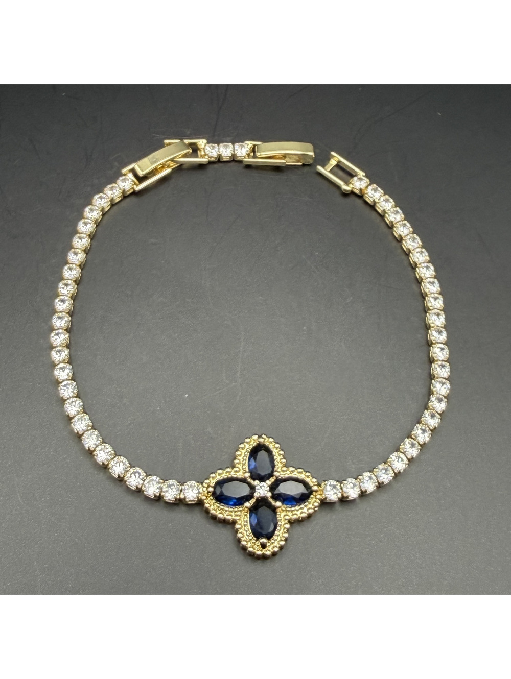 candy+clover navy blue clover crystal gold tone tennis bracelet